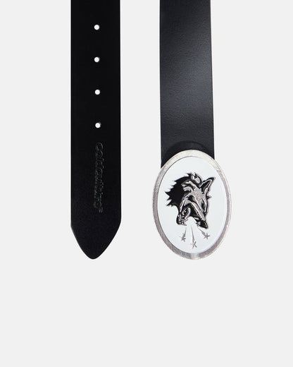 GRUNT LEATHER BELT - black leather belt, flat lay - Cold Culture