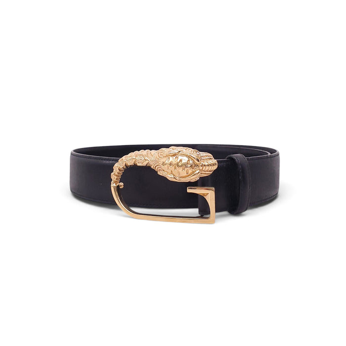 GUCCI BLACK LEATHER GOLD DRAGON EMBLUM BELT - SIZE 75