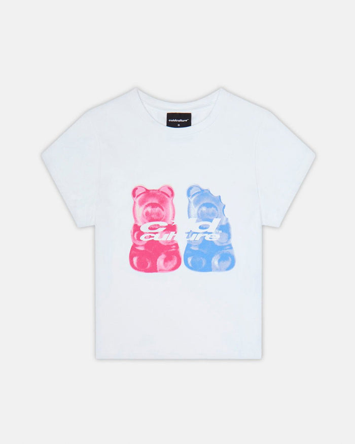 GUMMY BABY TEE WHITE - white graphic print baby tee, front view - Cold Culture