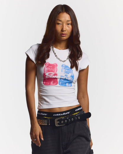 GUMMY BABY TEE WHITE - white graphic print baby tee, front view on female model - Cold Culture #woman