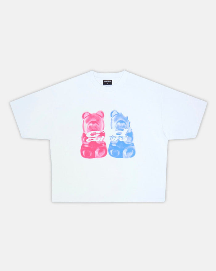 GUMMY TEE WHITE - white graphic print tee, front view - Cold Culture