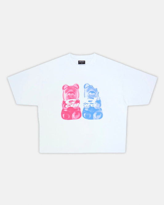 GUMMY TEE WHITE - white graphic print tee, front view - Cold Culture