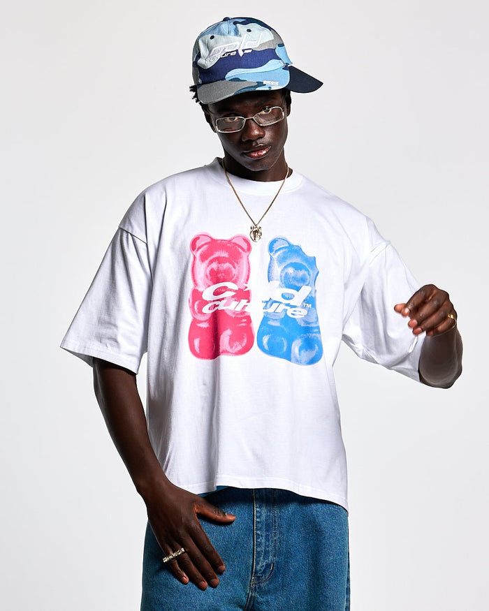 GUMMY TEE WHITE - white graphic print tee, front view on male model - Cold Culture #man