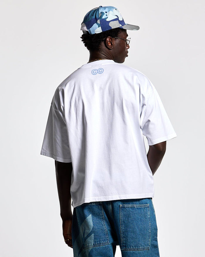 GUMMY TEE WHITE - white graphic print tee, back view on male model - Cold Culture #man