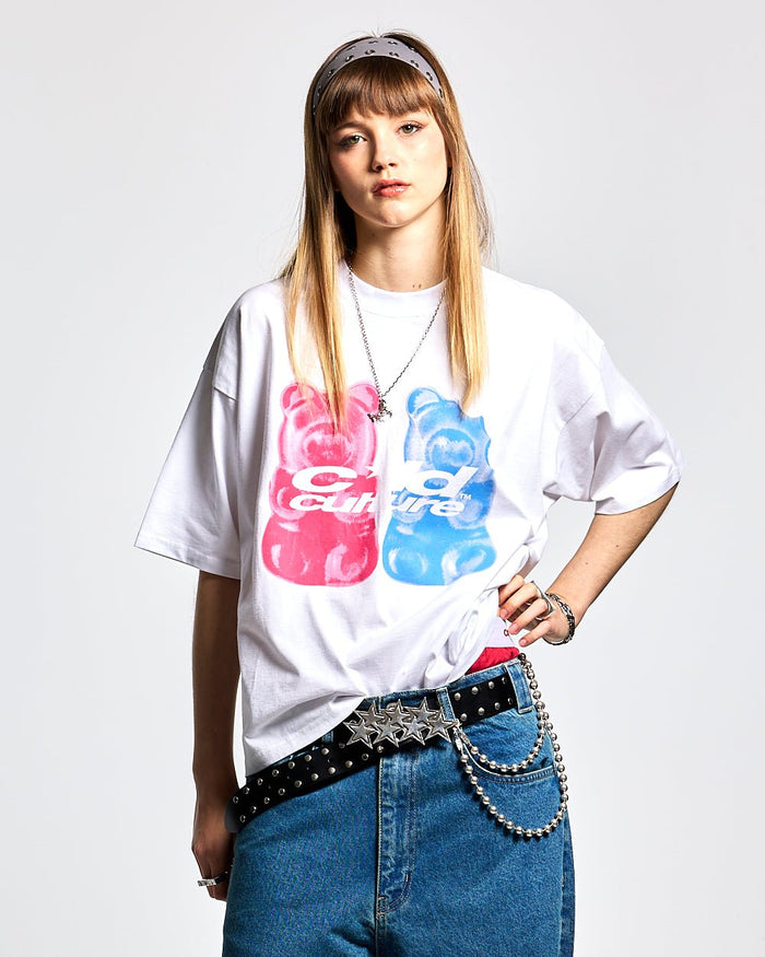 GUMMY TEE WHITE - white graphic print tee, front view on female model - Cold Culture #woman