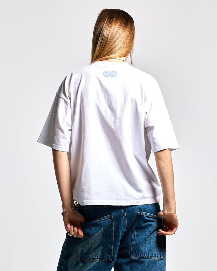 GUMMY TEE WHITE - white graphic print tee, back view on female model - Cold Culture #woman
