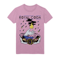 The Royal Coda Hand Flame Pink T-Shirt features “ROYAL CODA” above an image of a hand rising from water, reaching for a yellow flame among black smoke and droplets, with flowers framing the dramatic scene.