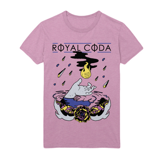 The Royal Coda Hand Flame Pink T-Shirt features “ROYAL CODA” above an image of a hand rising from water, reaching for a yellow flame among black smoke and droplets, with flowers framing the dramatic scene.