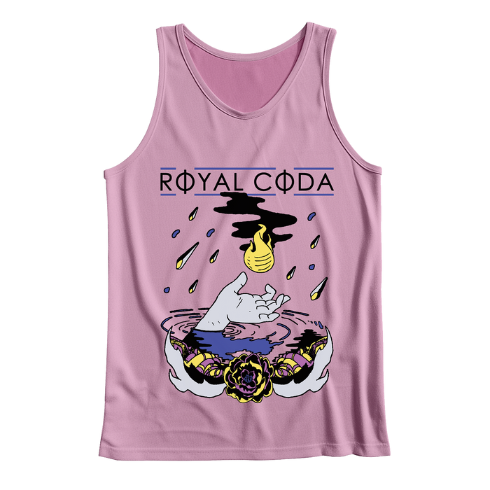 This Royal Coda women’s activewear pink tank top features the ROYAL CODA logo above a vibrant Hand & Flame design with rising hands, water drops, a yellow flame, floral accents, and striking graphic elements.