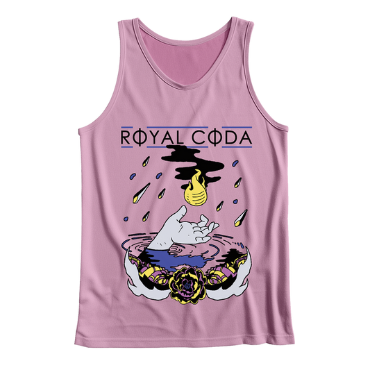 This Royal Coda women’s activewear pink tank top features the ROYAL CODA logo above a vibrant Hand & Flame design with rising hands, water drops, a yellow flame, floral accents, and striking graphic elements.