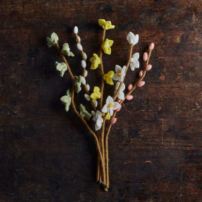 Handmade Felted Wool Flowers on Stalk - White