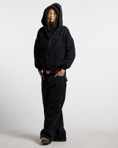 HARPER JACKET FADED BLACK DENIM - faded black denim jacket, front view on female model - Cold Culture #woman