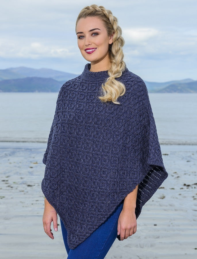 Hawthorn Pattern Aran Poncho - Navy Marl #color_navy-marl