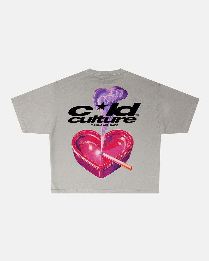 HEART ASHTRAY TEE FROST GREY - grey graphic print tee, back view - Cold Culture