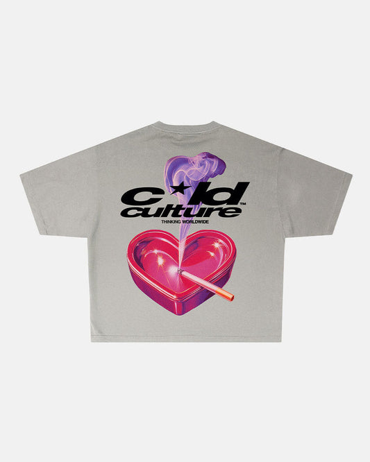 HEART ASHTRAY TEE FROST GREY - grey graphic print tee, back view - Cold Culture