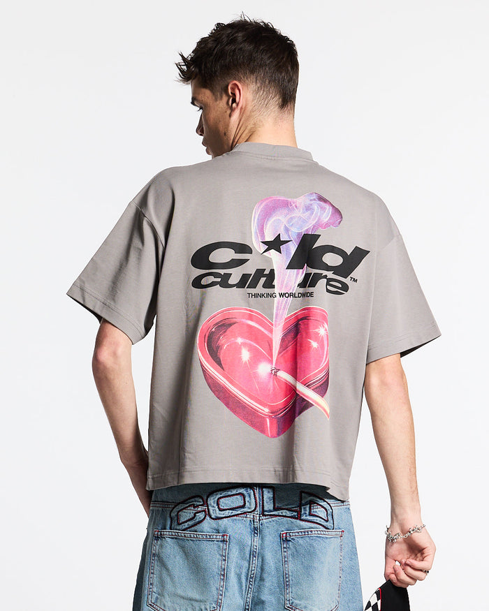 HEART ASHTRAY TEE FROST GREY - grey graphic print tee, back view on male model - Cold Culture #man