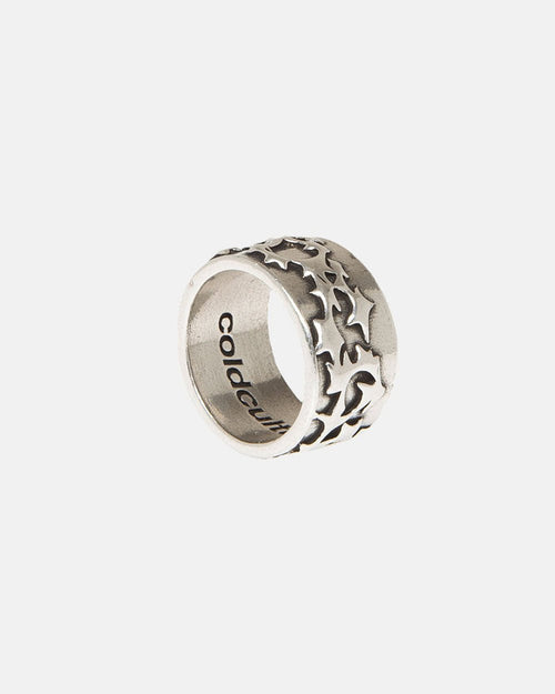 HEAVENLY RING - silver star patterned ring, front view - Cold Culture