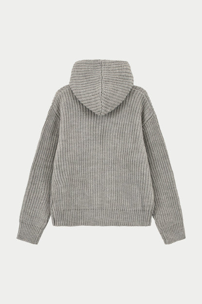 HEAVY RIB KNITTED ZIP THROUGH HOODIE - GREY MARL