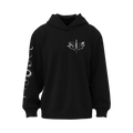 Kittie black heavyweight fleece hoodie featuring a white ornate sword and crescent moons graphic on the chest, moon phases along the left sleeve, and an oversized fit for comfort and style.