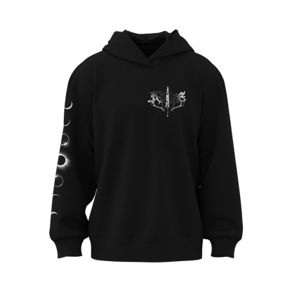 Kittie black heavyweight fleece hoodie featuring a white ornate sword and crescent moons graphic on the chest, moon phases along the left sleeve, and an oversized fit for comfort and style.