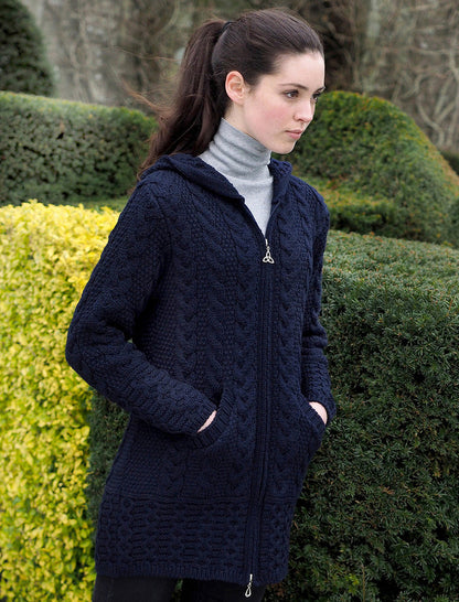 Hooded Coatigan with Celtic Knot Zipper Pull - Navy #color_navy