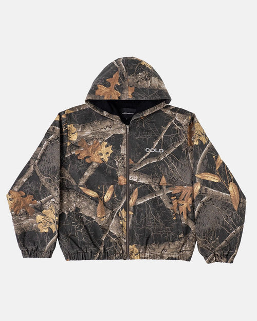 HOODED JACKET REALTREE BLACK - black realtree camo hooded jacket, front view - Cold Culture