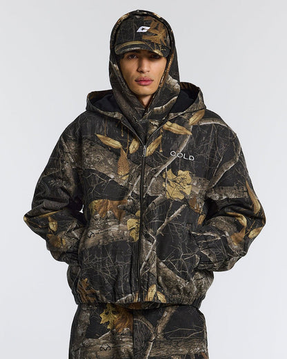 HOODED JACKET REALTREE BLACK - black realtree camo hooded jacket, front view on male model - Cold Culture #man