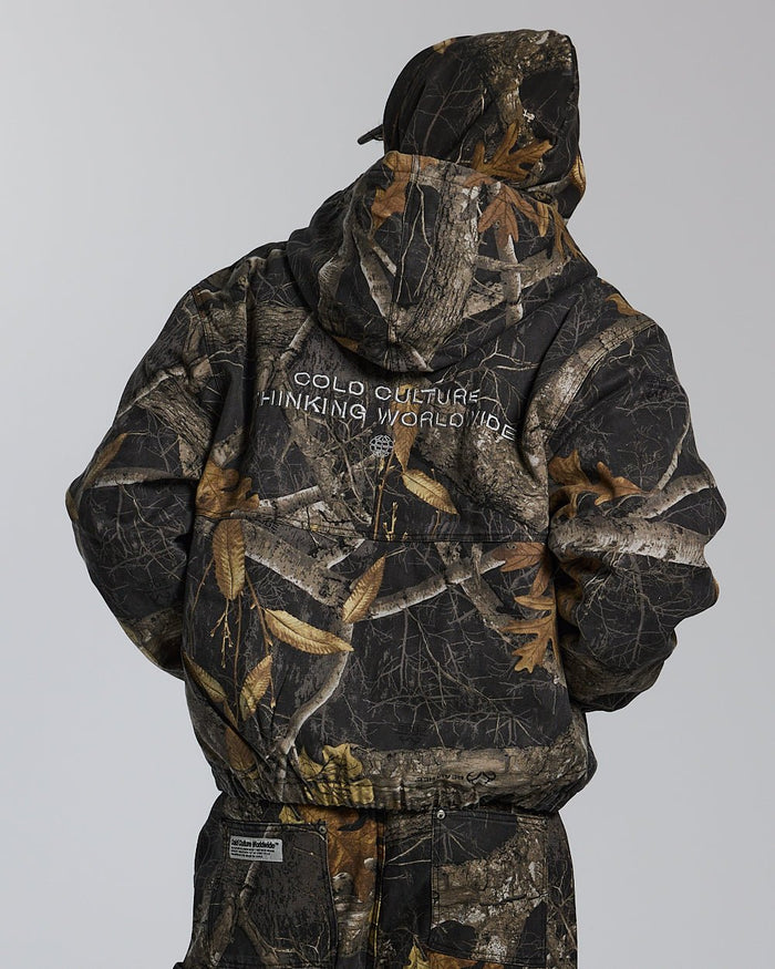 HOODED JACKET REALTREE BLACK - black realtree camo hooded jacket, back view on male model - Cold Culture #man