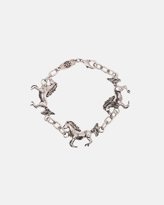 HORSE BRACELET - silver horse charm bracelet, flat lay - Cold Culture