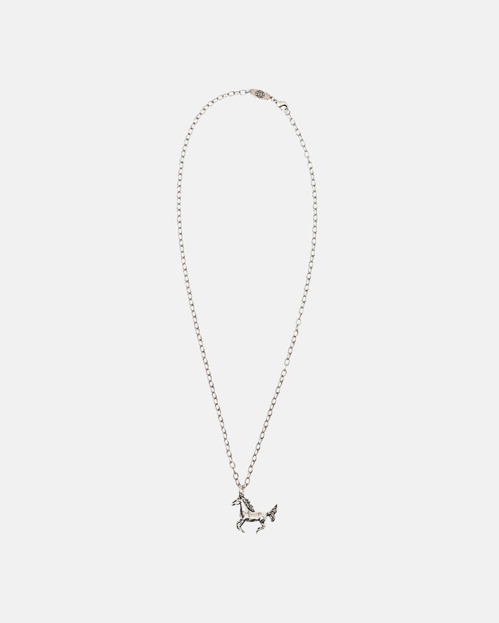 HORSE NECKLACE - silver horse pendant necklace, flat lay - Cold Culture