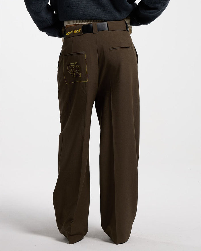 HORSESHOE WEDDING PANTS STATUE BRONZE - brown wide leg pants, back view on female model - Cold Culture #woman