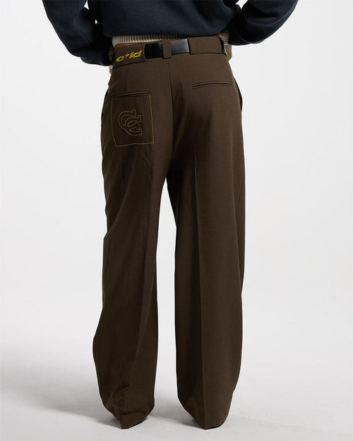 HORSESHOE WEDDING PANTS STATUE BRONZE - brown wide leg pants, back view on female model - Cold Culture #woman