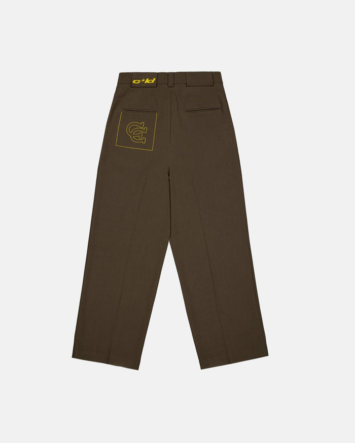 HORSESHOE WEDDING PANTS STATUE BRONZE - brown wide leg pants, back view - Cold Culture