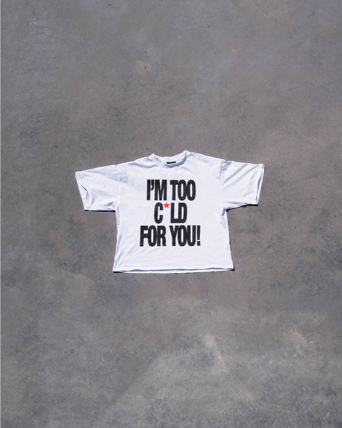 IM TOO COLD TEE WHITE - white oversized graphic tee, flat lay - Cold Culture