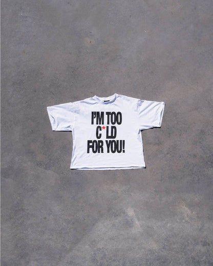 IM TOO COLD TEE WHITE - white oversized graphic tee, flat lay - Cold Culture