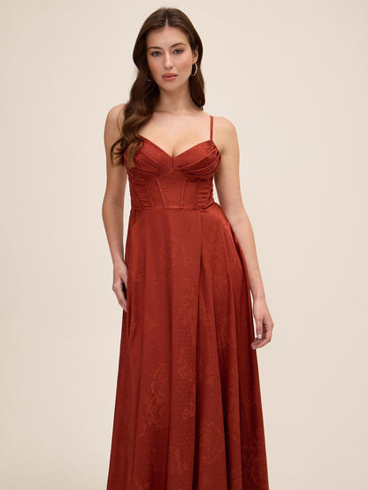 Rust Jacquard Floral Gown with Sweetheart Neckline - Woman Wearing Elegant Evening Dress - Le Chateau