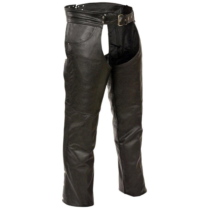 Jean Style Leather Chaps: Features:

Jean Style Pocket Chap
Lined
4 snap boot cuffs for easy wearability
Zipper buffer preven