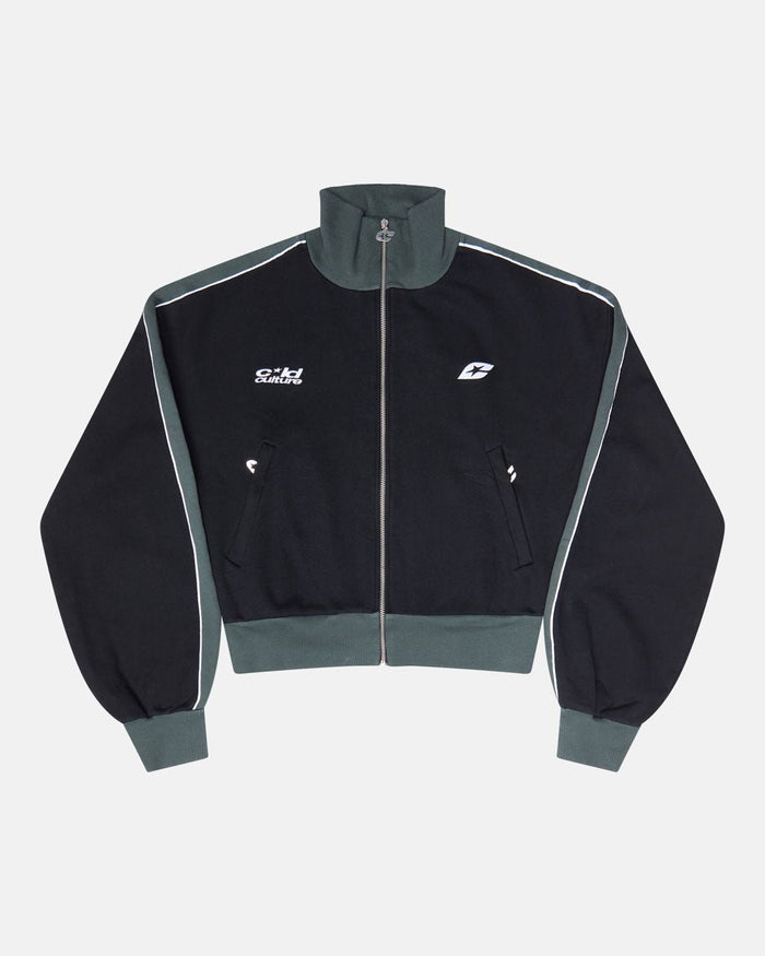 JET LAG JACKET BLACK - black and green zip-up hoodie, front view - Cold Culture