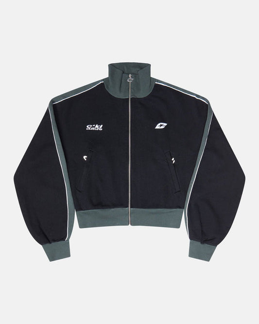 JET LAG JACKET BLACK - black and green zip-up hoodie, front view - Cold Culture