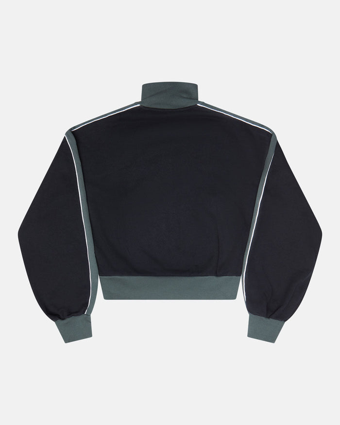JET LAG JACKET BLACK - black and green zip-up hoodie, back view - Cold Culture