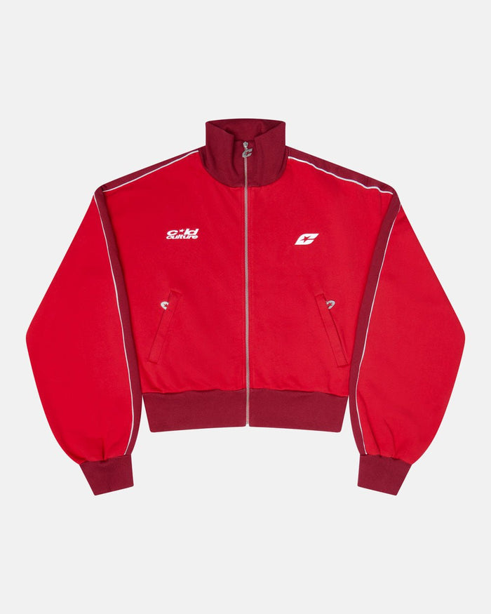 JET LAG JACKET RED - red and burgundy zip-up hoodie, front view - Cold Culture