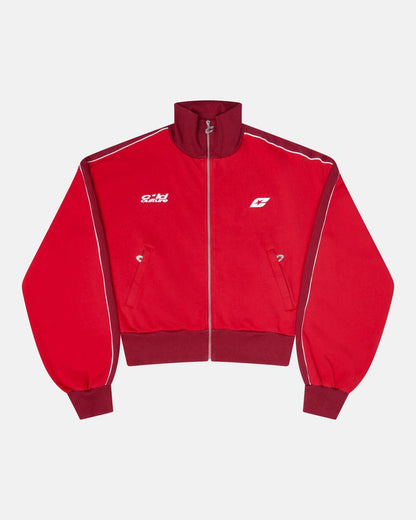 JET LAG JACKET RED - red and burgundy zip-up hoodie, front view - Cold Culture