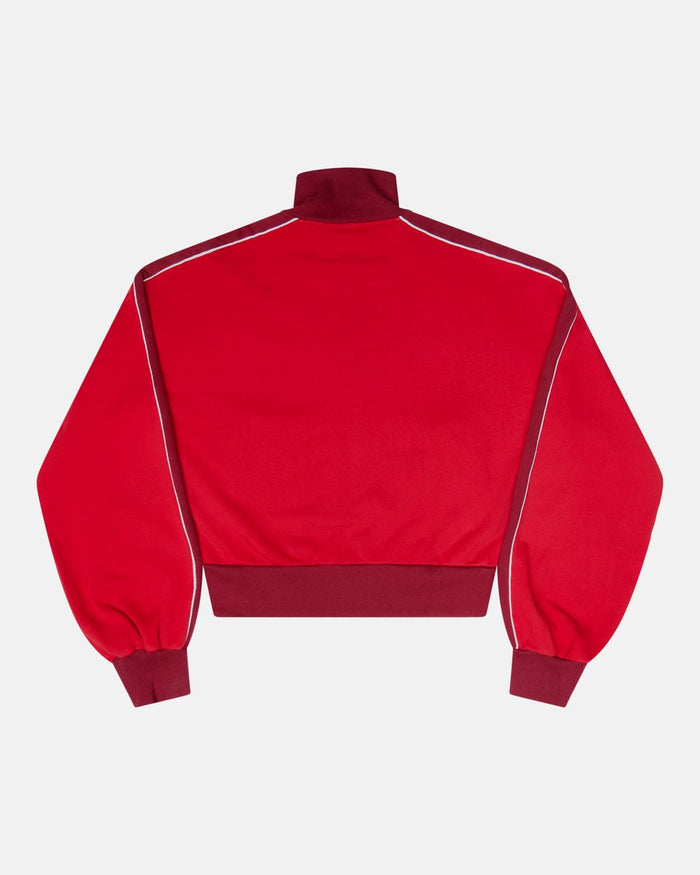 JET LAG JACKET RED - red and burgundy zip-up hoodie, back view - Cold Culture