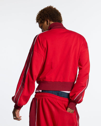 JET LAG JACKET RED - red and burgundy zip-up hoodie, back view on male model - Cold Culture #man
