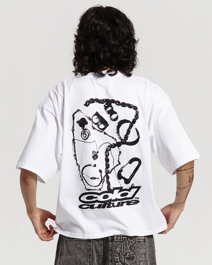 JEWELRY TEE WHITE - white oversized graphic tee, back view on male model - Cold Culture #man