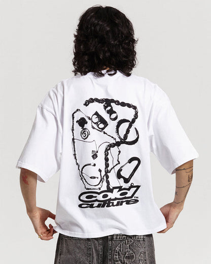 JEWELRY TEE WHITE - white oversized graphic tee, back view on male model - Cold Culture #man