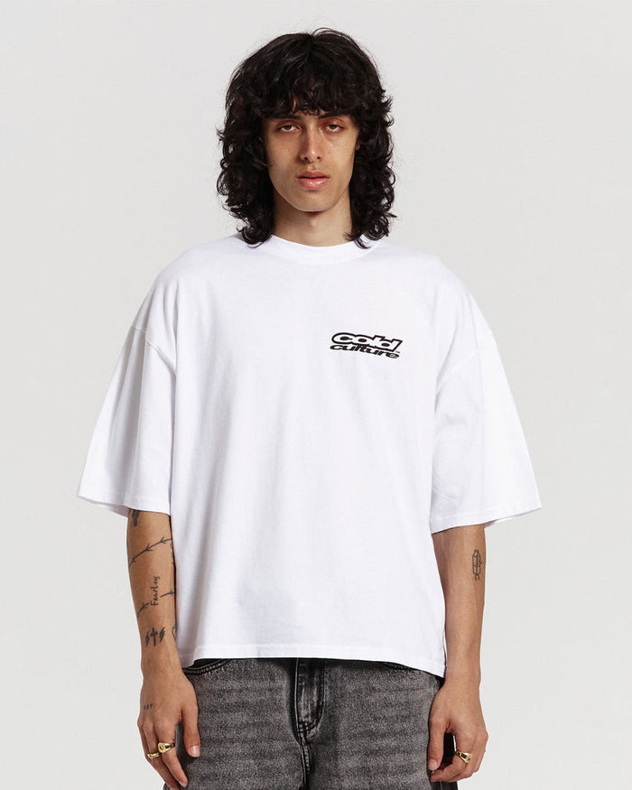 JEWELRY TEE WHITE - white oversized graphic tee, front view on male model - Cold Culture #man