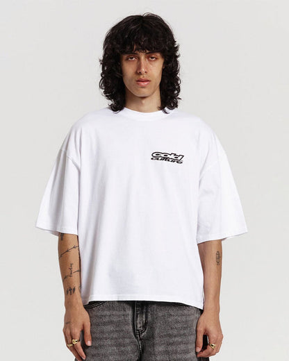 JEWELRY TEE WHITE - white oversized graphic tee, front view on male model - Cold Culture #man