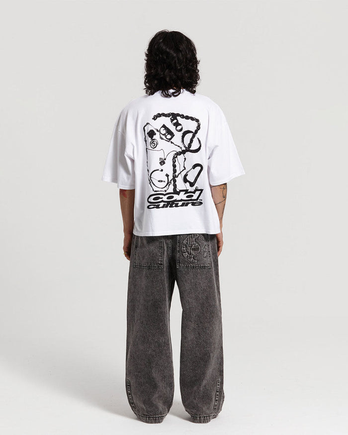 JEWELRY TEE WHITE - white oversized graphic tee, back view on male model - Cold Culture #man