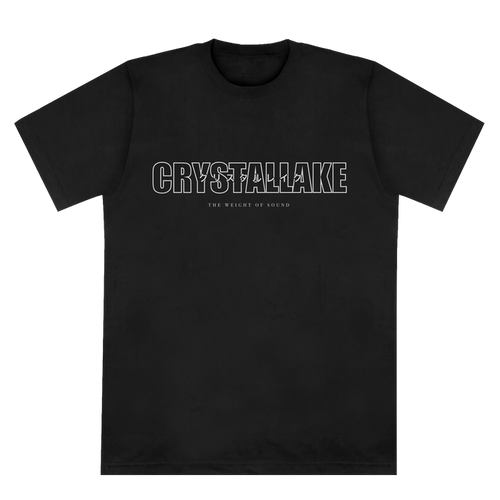 Black t-shirt by Crystal Lake, made from premium American Apparel fabric, showcasing “CRYSTAL LAKE” in bold outlined letters with “THE WEIGHT OF SOUND” in smaller text below—centered on the chest for a striking look that stands out for printed apparel enthusiasts.